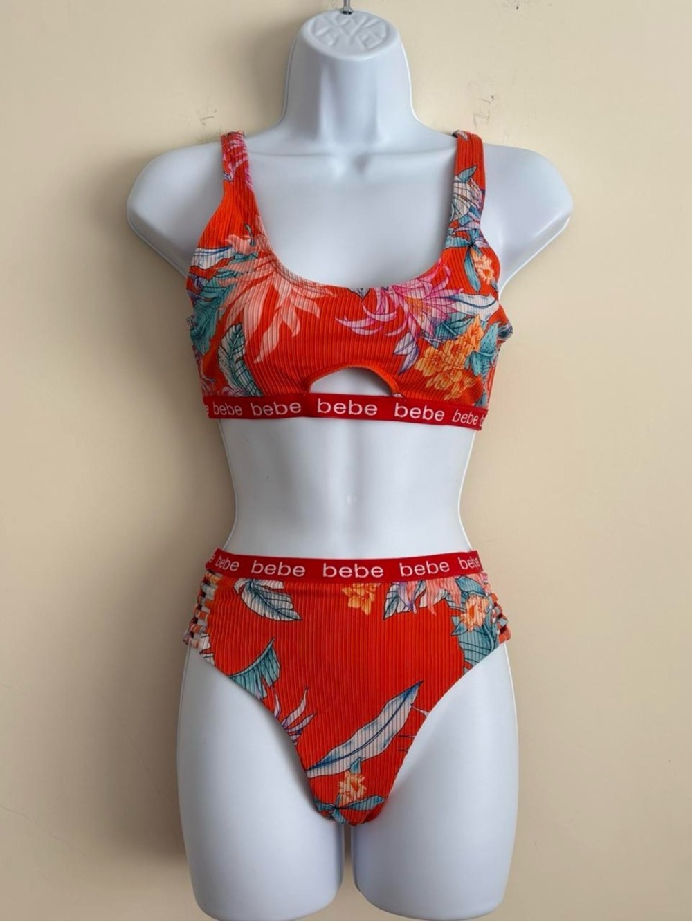 bebe Orange Floral Ribbed Cutout Bikini Set